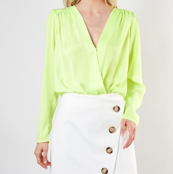 Neon Night Satin Surplice Bodysuit in NEON LIME - Picture 7 of 8